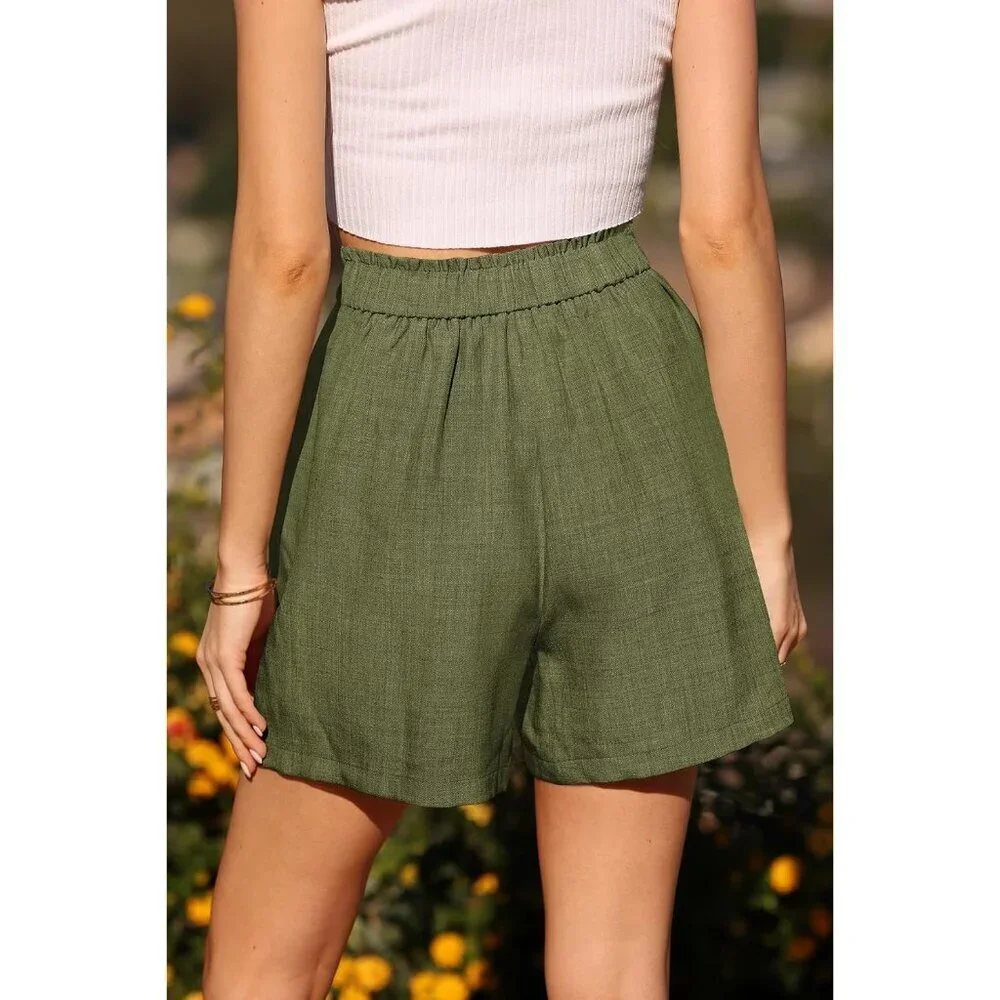 Women's Army Green Wide Leg Summer High Waisted Tailored Pleated Business Shorts - Picture 6 of 6